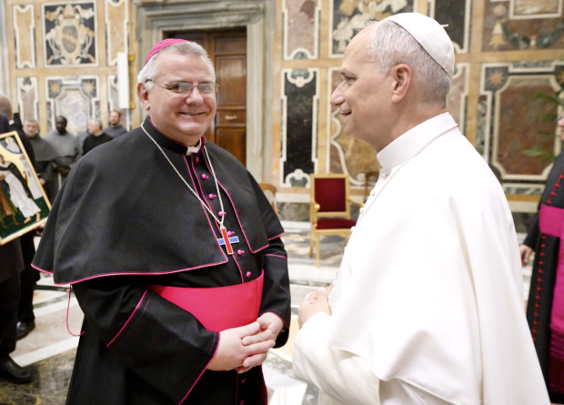 <p><em><strong>Right, Bishop Aldo with Pope Leo XIV.</strong></em></p>
<p>Bishop Aldo Berardi, the Apostolic Vicar of Northern Arabia, took part in a special gathering at the Vatican with the Trinitarian Order and Pope Leo XIV, as part of the Jubilee of Bishops, which was a specific gathering of bishops from around the world in Rome, culminating in a meditation and address by the Pope. The Trinitarian Order, formerly known as the Order of the Most Holy Trinity and of the Captives, held its general chapter and had the honour of meeting with the Pope, marking an important occasion of reflection and fellowship.&nbsp;</p>
<div class="explain-selected-button explain-selected-circle"></div>
